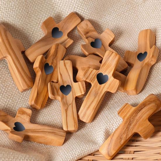 Olive Wood Cross Decoration Emotional Support Love Heart Pocket Hug Cross Men Women Faith Prayer Cross My Heart Encouragement Gift
