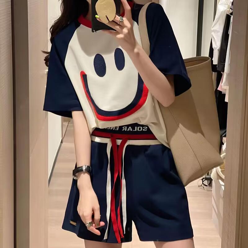 Women's Plus Size Smiley Face Embroidered Sports Suits - Summer Loose Casual Short-Sleeved Shorts Two-Piece Set, Trendy Style
