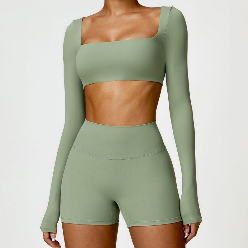 

Yoga Clothes Women 2024 New Arrival Fall and Winter Long Sleeves Fancy Fitness Clothes with Chest Pad T-shirt Short Sports Tops Basil Green M