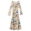 Retro Butterfly Print Long-Sleeve Dress - Slim Fit, Sexy Ruched Waist