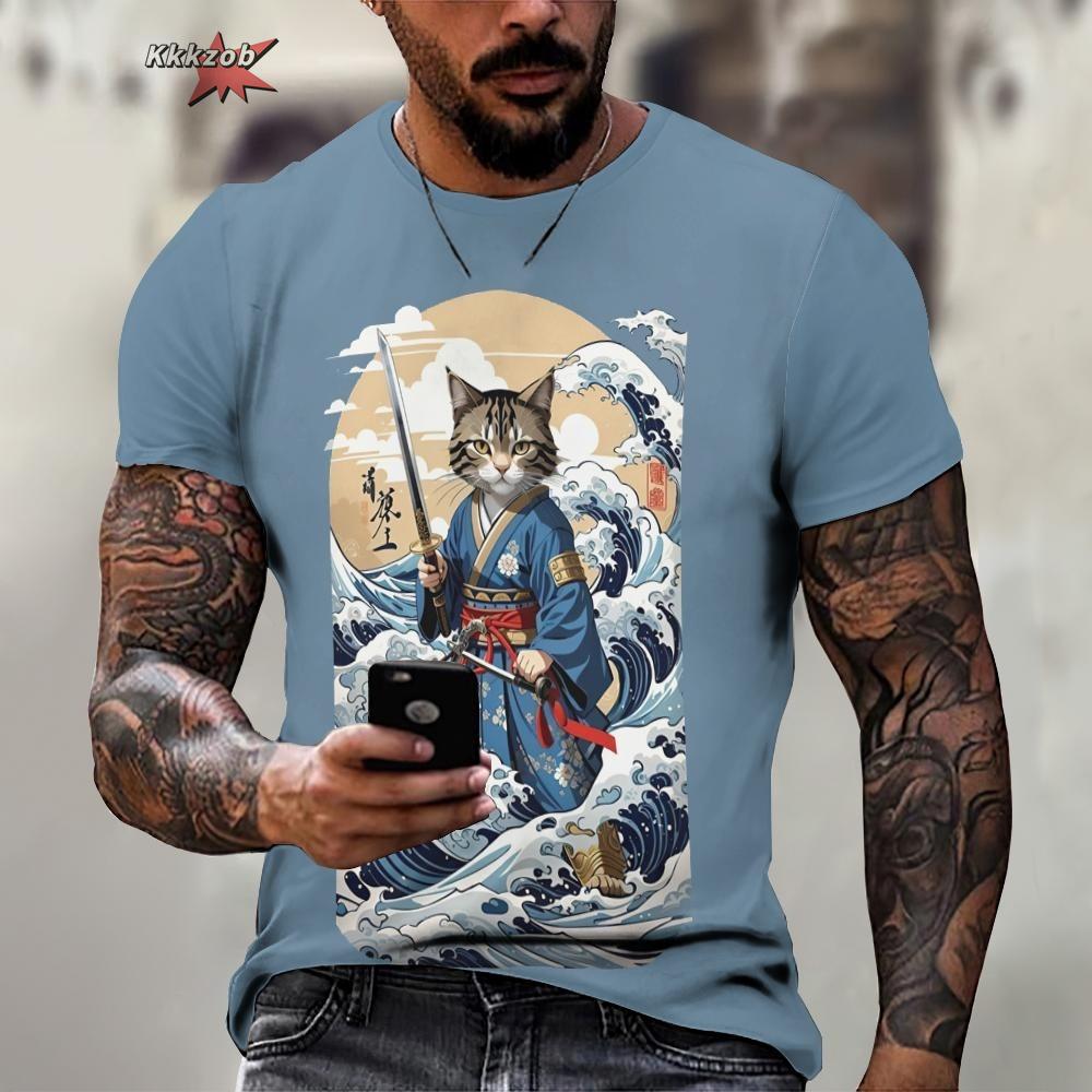 Animal Warrior Cat Print Short Sleeve Pattern Men's T-shirt 3D T-shirt Harajuku Tops Fun O Neck Pullover Summer Men's Casual Clo