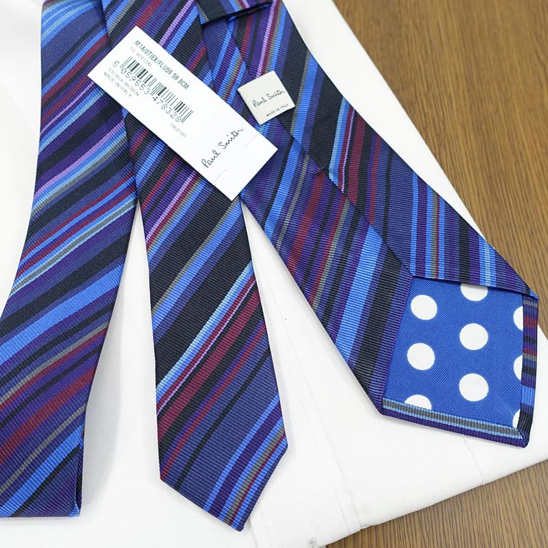 [Brand Necktie Gift Set] Paul Smith Necktie with Ribbon, Paul Smith Case & Shopping Bag (REDROSE Original) PS7 Navy/Lavender Multi-Stripe (Gift, Birth