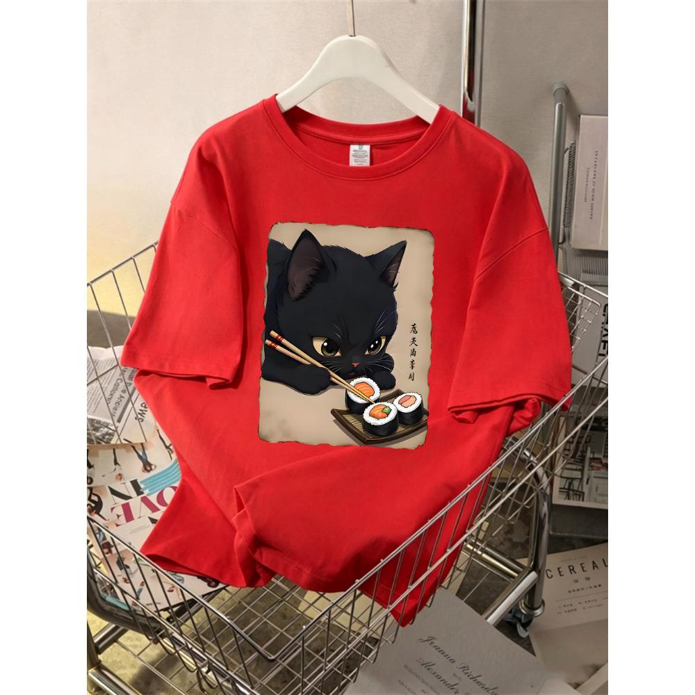 Cute Cat Enjoying Sushi Printing T-Shirts Womens Cotton Summer Oversized Tops O-Neck Short Sleeve T Shirts Street Soft Clothes