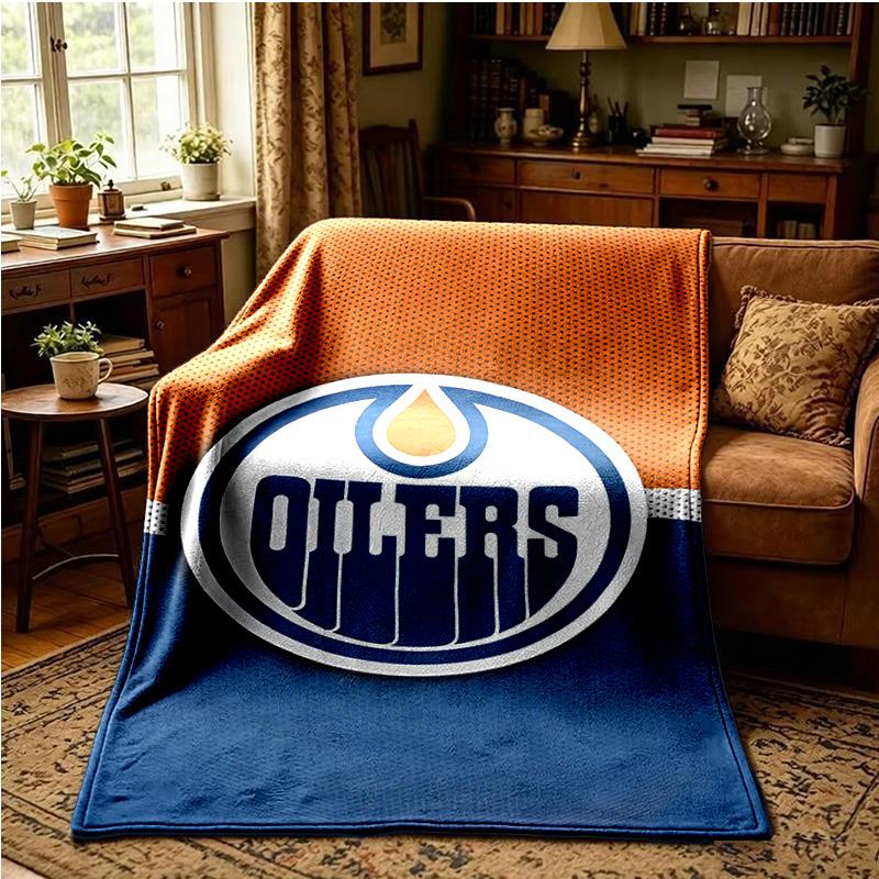 Edmonton Oilers Emblem Throws Blanket Flannel Blankets Plush for Couch Bed Gifts for Men Women Travel Picnic Blanket Christmas Fan Gifts
