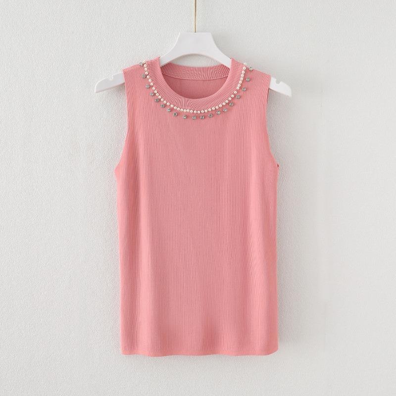 Women Summer New Round Neck Beading Tank Tops Elegant Slim Fit Knitted Casual Base Female Sleeveless Tanks Vest Simple Sweet Fashion Lady Camis 3115