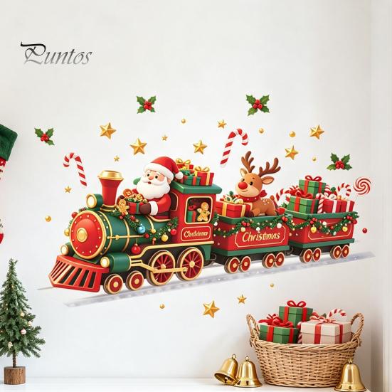 Transparent Pvc Holiday Mural Christmas Train Wall Sticker, Santa Claus Reindeer Decals, Self Adhesive Kids Room Ornament Murals, Removable