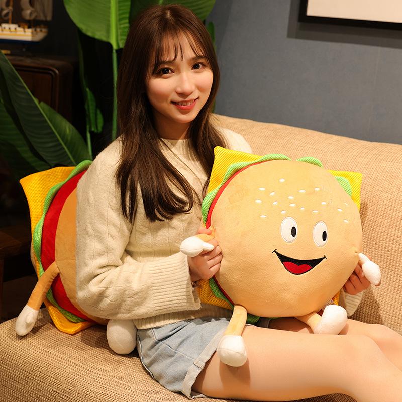 30Cm Happy Cheeseburger Hamburger Plush Pillow Stuffed Human Figured Food Sofa Chair Round Cushion Back Support Plushie Gift