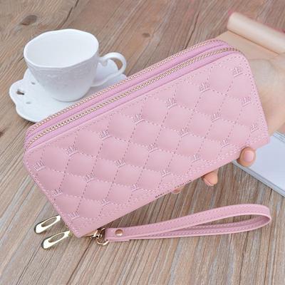 Dames Lange Leren Clutch Portemonnee met Dubbele Rits | Diamantpatroon Borduurwerk, Kroon Design, Grote Capaciteit