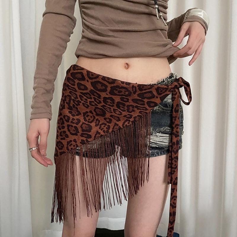 Animal Pattern Tassels Detail Hip Wrap Curtain Triangular Stretchable Belt Waistband Comfortable Daily Party Wear
