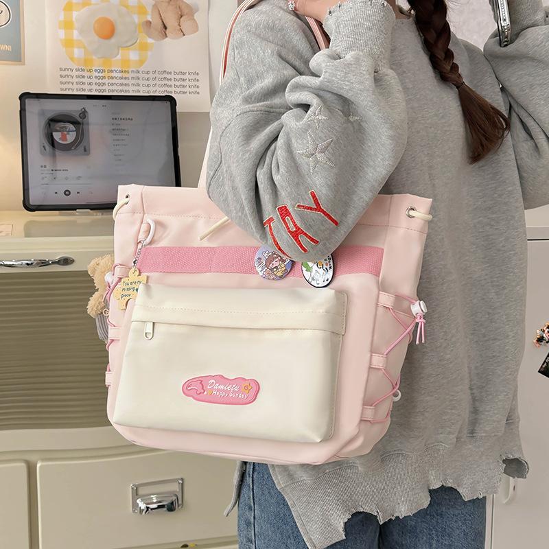 Student Class Shoulder Bag Girls Nylon Bag Color Contrast Large Capacity Tote Bag