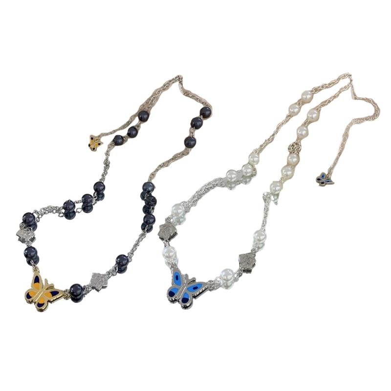 Women's Butterfly Pendant Beaded Necklace Flower Pearl Chain Necklace Y2K Clavicle Chain Choker Necklace Jewelry Gift