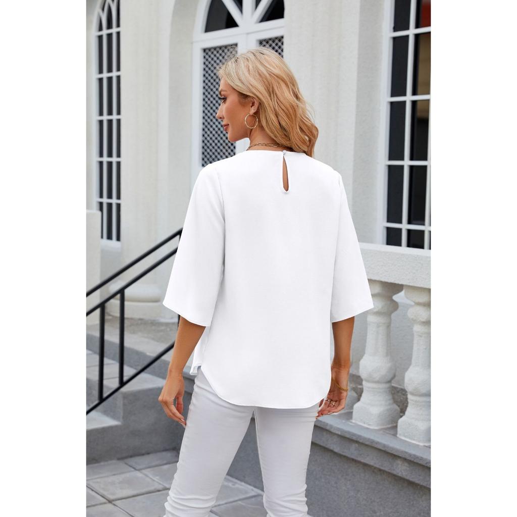 Solid Colour Round Neck Five-quarter Sleeve Short Sleeve,loose Chiffon Shirt Tops for Women