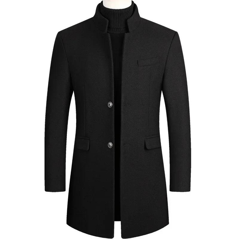 Mens Woolen Coat Autumn Winter Medium Long Windbreaker Thickened Stand Collar Male Trench Coat Abrigo Hombre