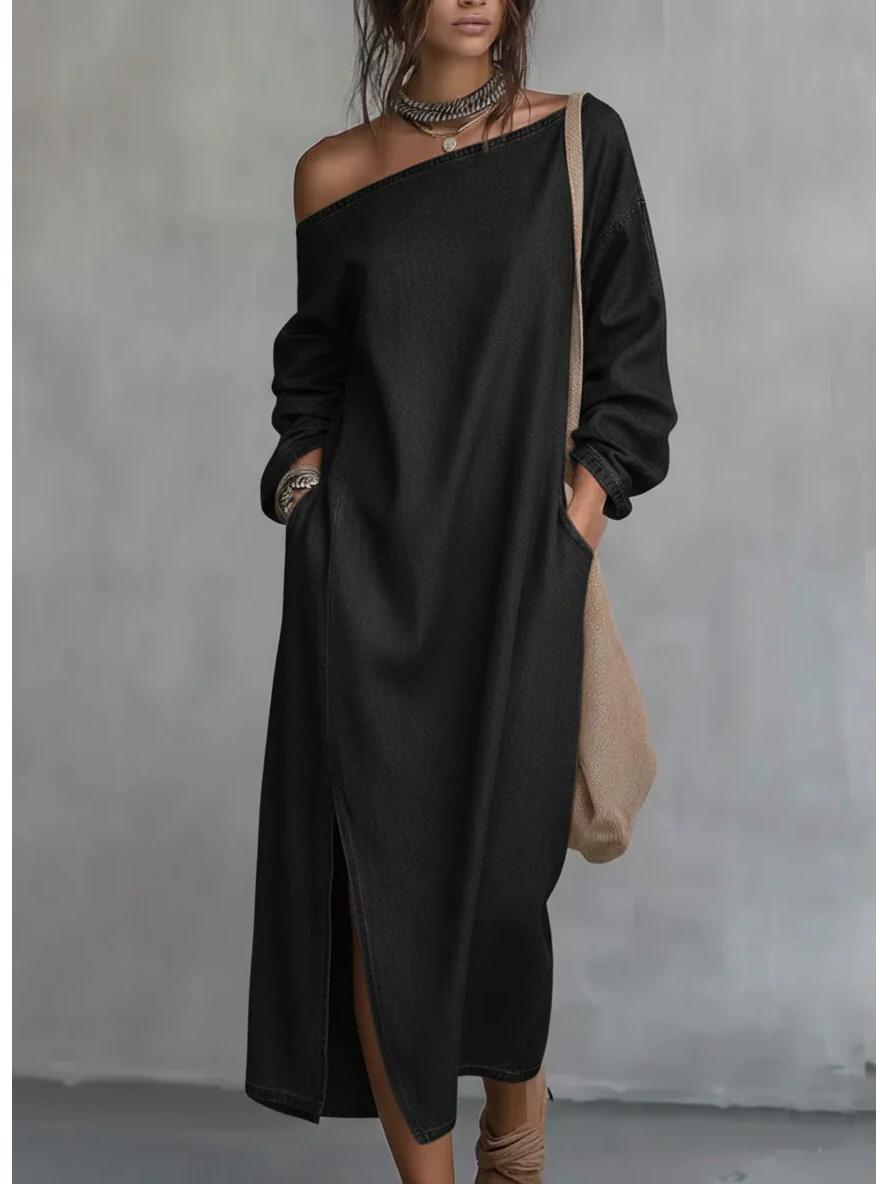 2026 European  American Fashion One-Shoulder Slit Long Dress S чёрный
