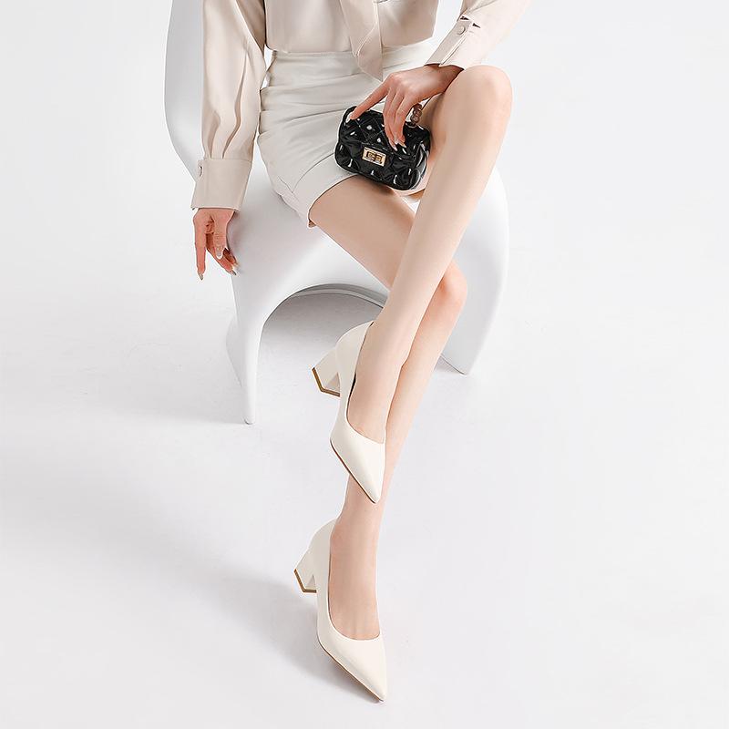 Módní Jednoduché Boty na Vysokém Podpatku, Temperamentní Jednoduché Boty s Ostrou Špičkou na Silném Podpatku, Profesionální Pracovní Boty s Mělkým Výstřihem