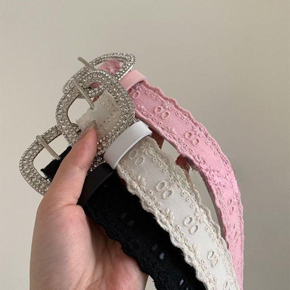 Square Buckle Rhinestone Belt PU Leather Women Waistband Fashion Lace Belt  Male