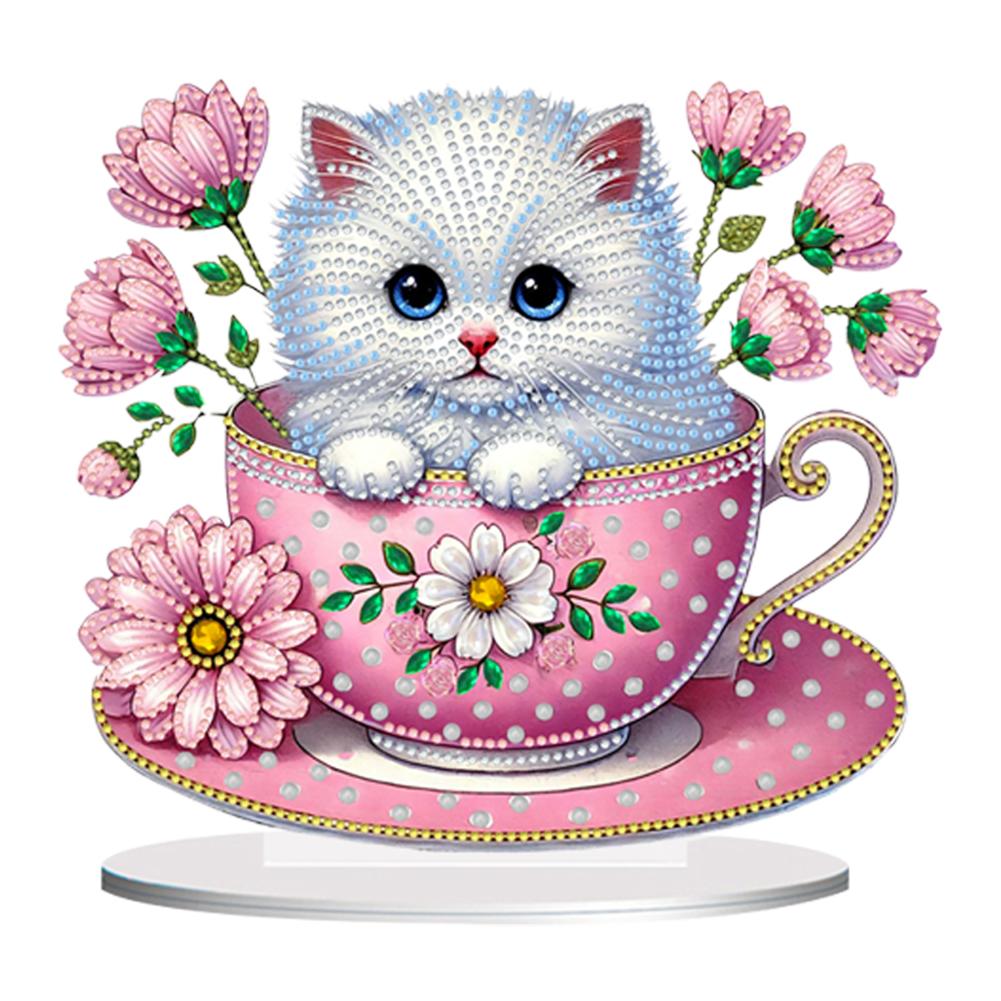 2D Flat Teacup Cat DIY Table Top Diamond Painting Ornament Kits Desktop Diamond Art Kits 5D DIY Diamond Art Tabletop Decorations