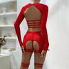 Women's Transparent Lingerie Set Sexy Lace Long Sleeve Crop Top Open Crotch Skirt G-String Garter Hollow Out Open Bras Set