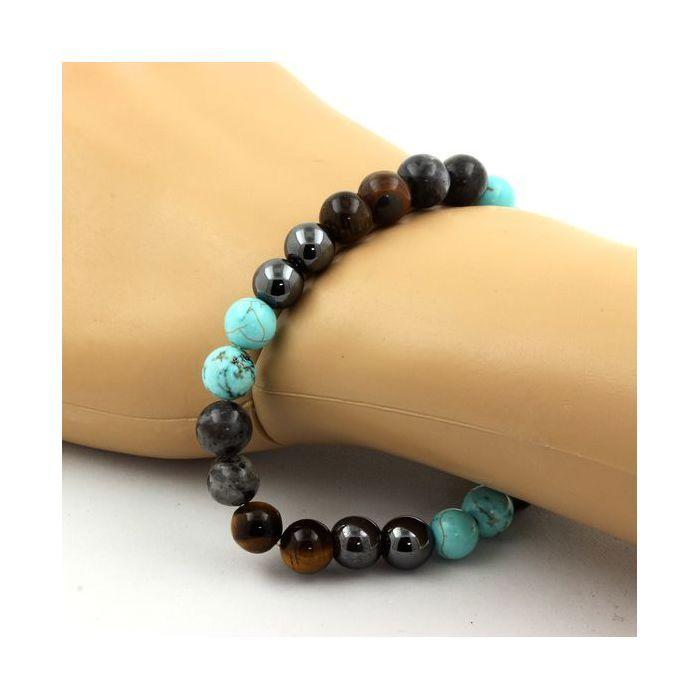 Pierres et Minéraux. Bracelet Perles Labradorite + Oeil de Tigre + Turquoise + Hématite 8 Fabriqué en France.