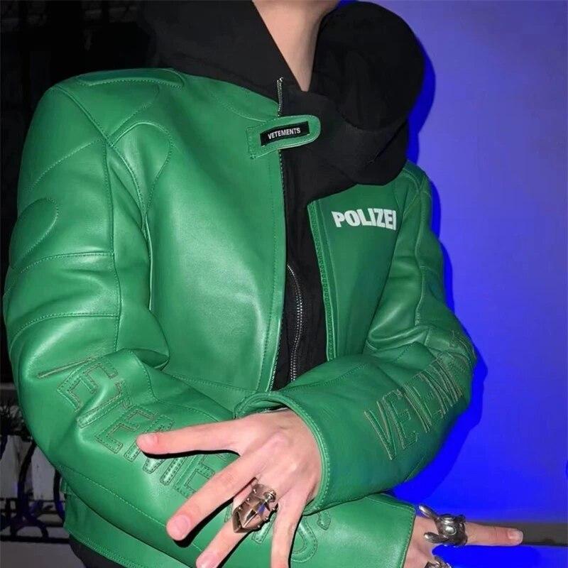 Vetements 元ネタ　POLIZEI 緑色 シングルライダースジャケット Vetements Polizei Leather Jacket Green Vetements Polizei Leather