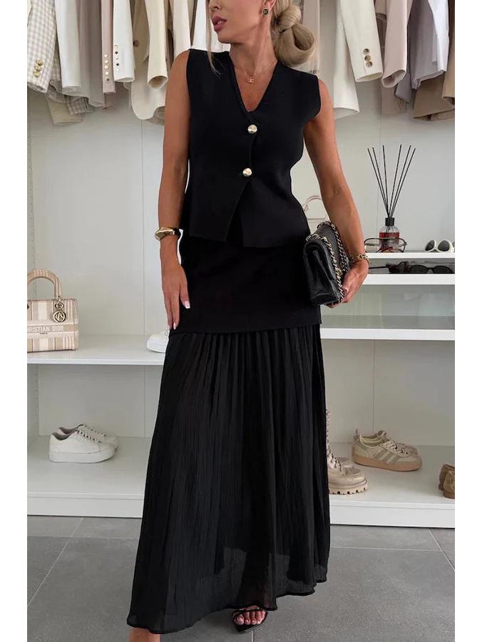 2025 Damen Sommer Schlankmachende Strickweste & Raffung Tüll Patchwork Langes Kleid Set