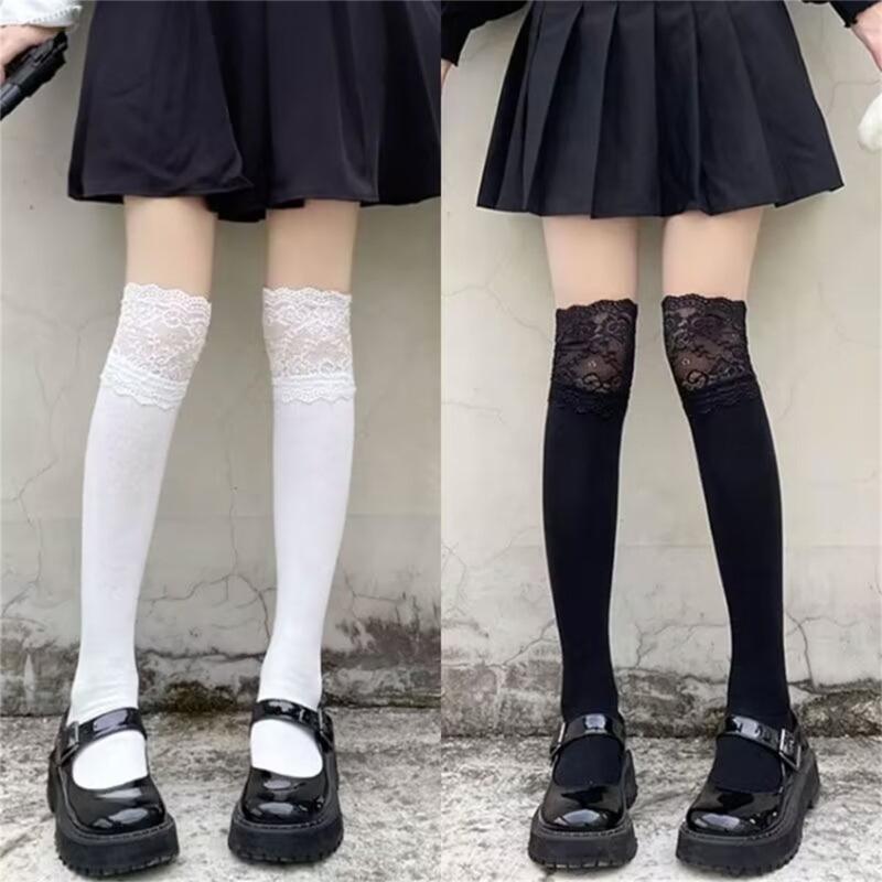 Women Lace Patchwork Knee High Socks Frilly Thigh High Stockings Cotton Leg Warmers Lolitas Long Boot Socks Calf Socks