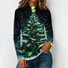 Women's Long Sleeve Knit T-Shirt with Neck and Christmas Print for Casual Wear