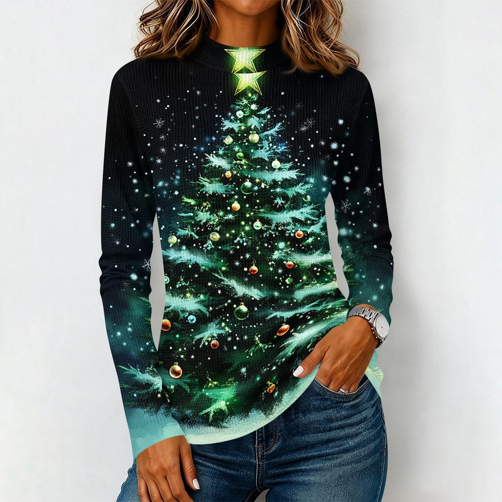 Women's Long Sleeve Knit T-Shirt with Neck and Christmas Print for Casual Wear