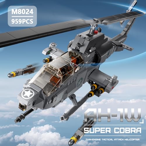 MISINI M8024 AH-1W Super Cobra Armed Helicopter Building Blocks Set, 958-Piece Military Medium-Sized 1:35 Scale Helicopter Building Blocks Set, Perfec