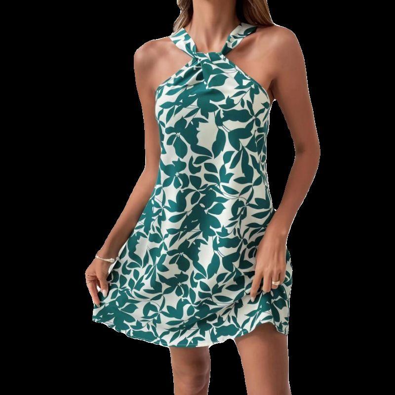 Ruffled Dress2024 Summer Women's Sleeveless Elegance Backless Skirt Ruffles Print Halterneck Dress