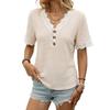 Summer Knit V Neck Short Sleeves Tops with Lace Trim Button Down Waffle Casual Blouse for Women