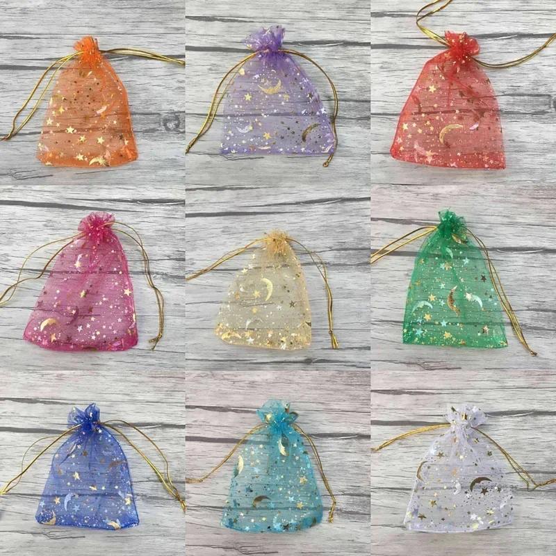 50PCS Moon Stars Drawstring Organza Bags Jewelry Gift Bags Pouches Organza Favor Pouches for Christmas Wedding