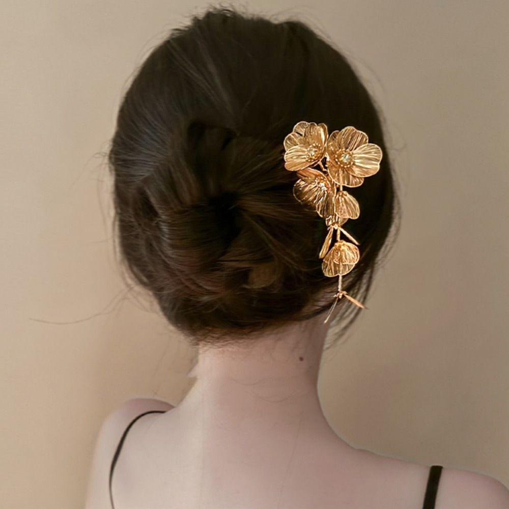 

Flower Hanfu Hairpin Gold Metal U Shape Hair Stick Retro For Girl золотий
