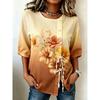 Women's Ombre Floral Print Drawstring Button Up Blouse, Casual Round Neck Tops for Spring Summer Daily Vacation Wear