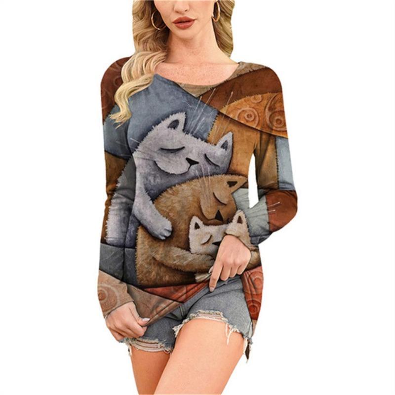 Модная удобная универсальная женская футболка с принтом мультяшного кота с круглым вырезом — фото 15