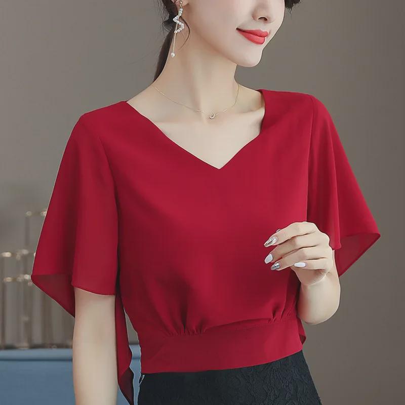 2023 Summer Women's Batwing Sleeve Chiffon Shirt - Short Sleeve Fashion Slim Fit Top