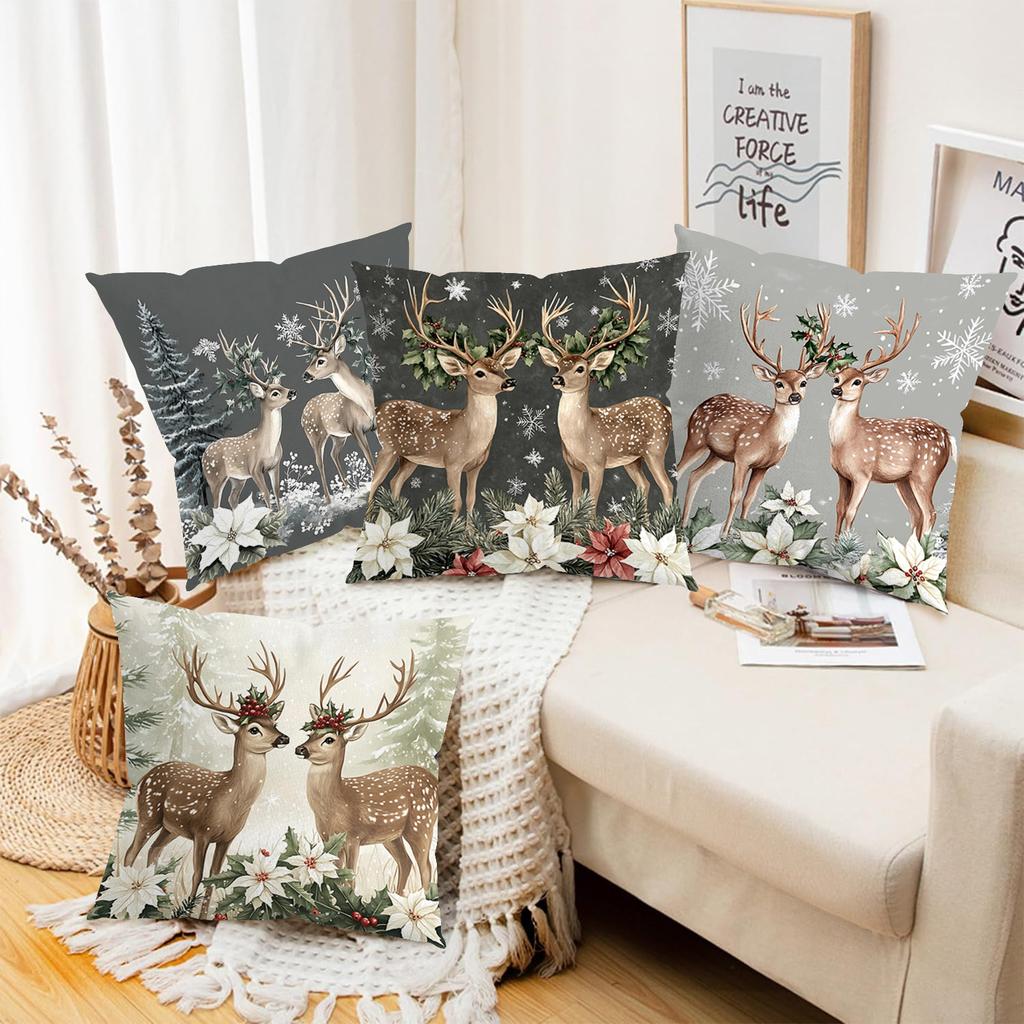 2D Flat Printing Christmas Deer Pillows With Snowflake And Flowers Polyester Pillowcase, Sofa Decorative Cushion Cov