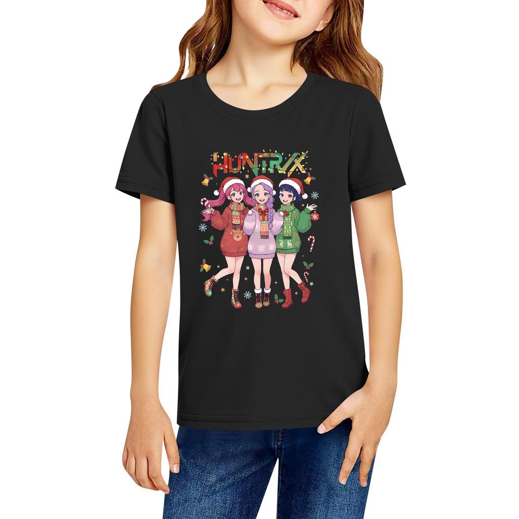 Girls' Round Neck Short Sleeves Christmas Witch Group Print Casual Short Sleeves