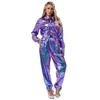 Damen Halloween Jumpsuit Overalls S-3XL: Glänzender Metallic-Body mit Umlegekragen & Gürtel, High-Waist Kostüm