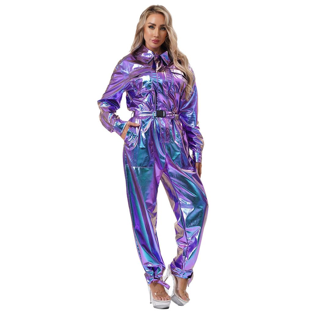 Damen Halloween Jumpsuit Overalls S-3XL: Glänzender Metallic-Body mit Umlegekragen & Gürtel, High-Waist Kostüm