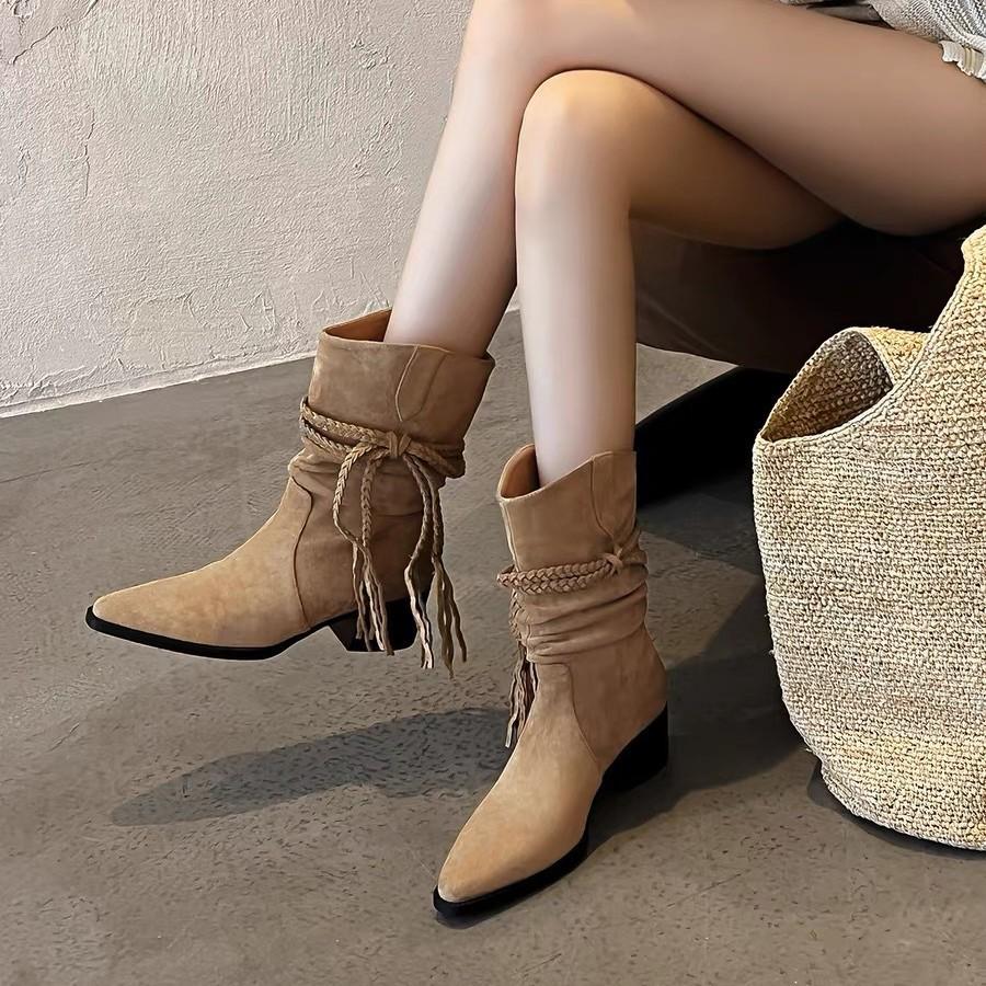 2025 Retro Post-Apocalyptic Tassel Knight Over-the-Knee Chunky Heel Boots for Women