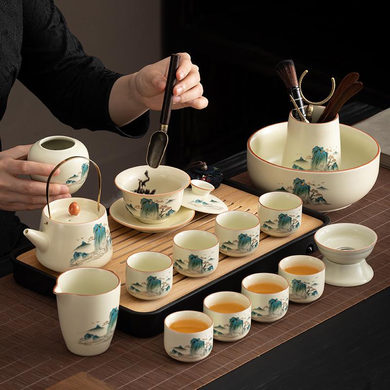 Chinese Ru Kiln Splendid Mountains and Rivers Kung Fu Tea Set Household High-end Brewing Teapot with Tea Tray Business Meeting