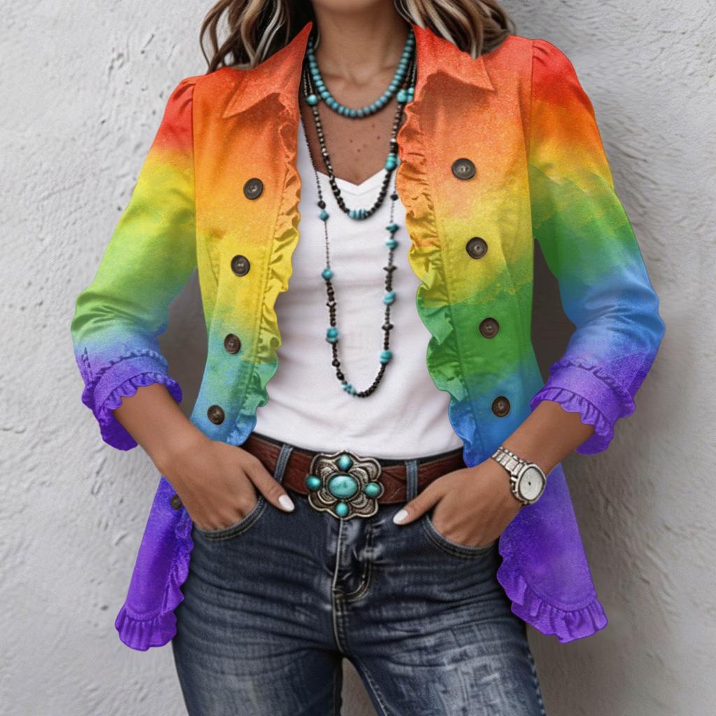 Women's Fashion Gradient Print Long Sleeve Ruffle Button Down Shirt Jacket for Casual Wear
