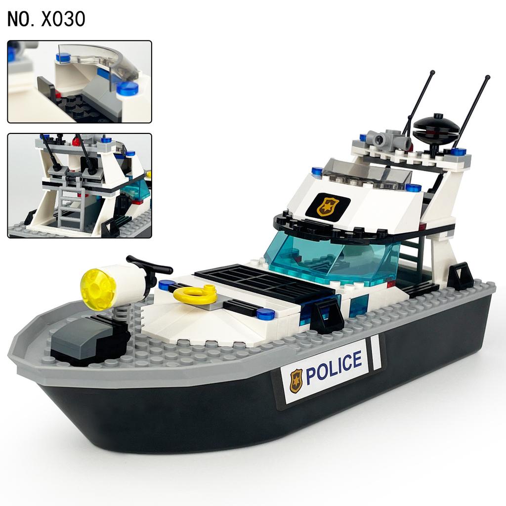 X030 Hurricane Sea Patrol Boat Children Assemble Small Particles Building Block Toy Big Boat Figurine
