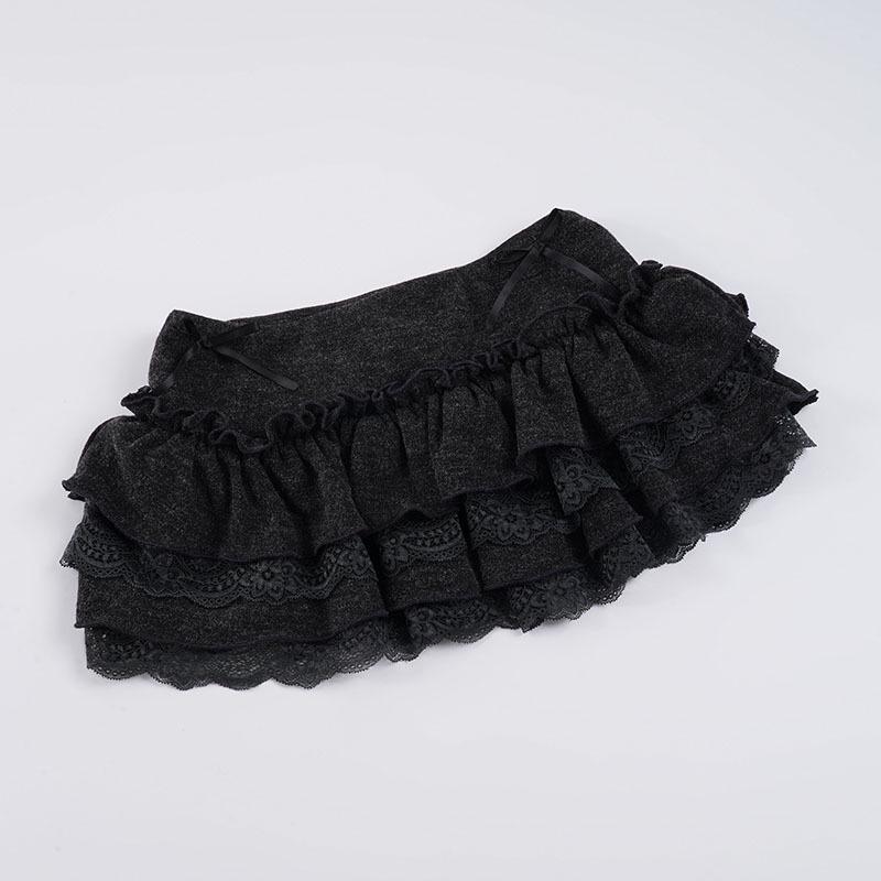 New Arrival: European & American Spicy Girl Low Waist Gray Mini Skirt with Bow & Lace Trim