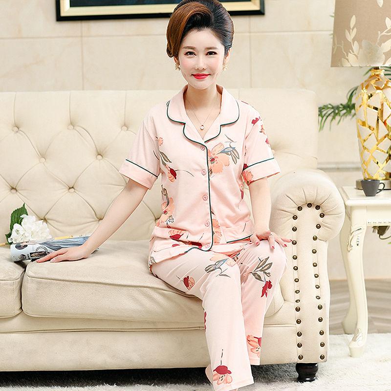 Factory Middle-Aged Pajamas Pink Flower Short-Sleeved Trousers Loose Large Size Can Be Worn Outside Loungewear Suit Women