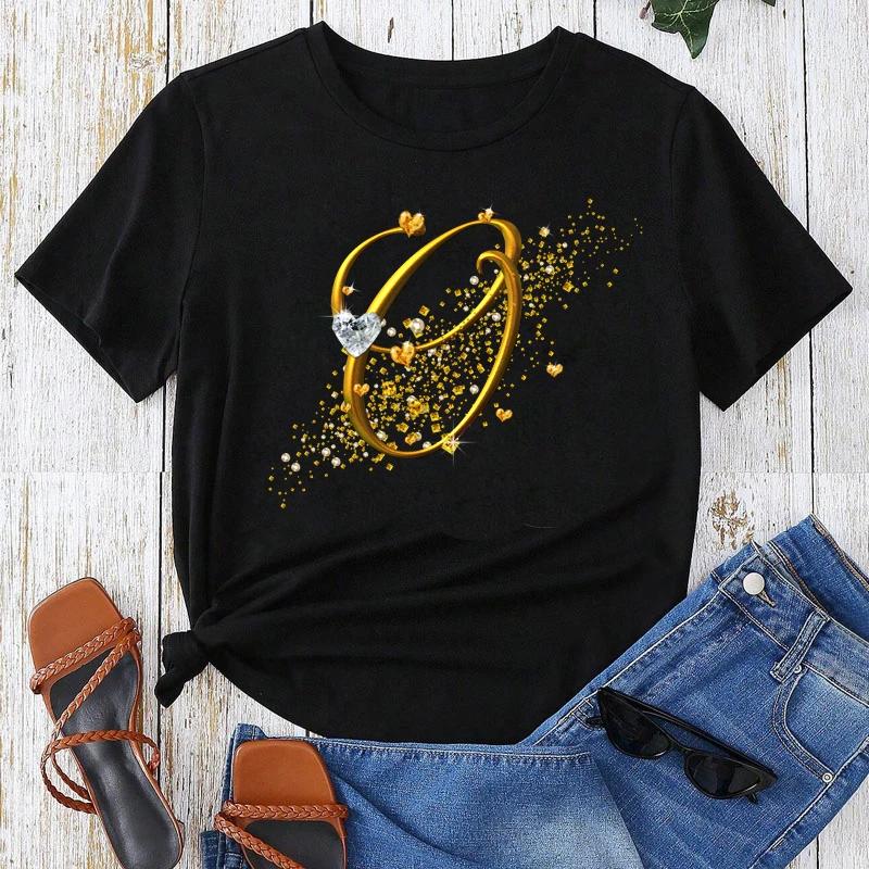 Custom Name Letter Combination Gold Letter Font Short Sleeve Tops Black T-shirt Female Tops
