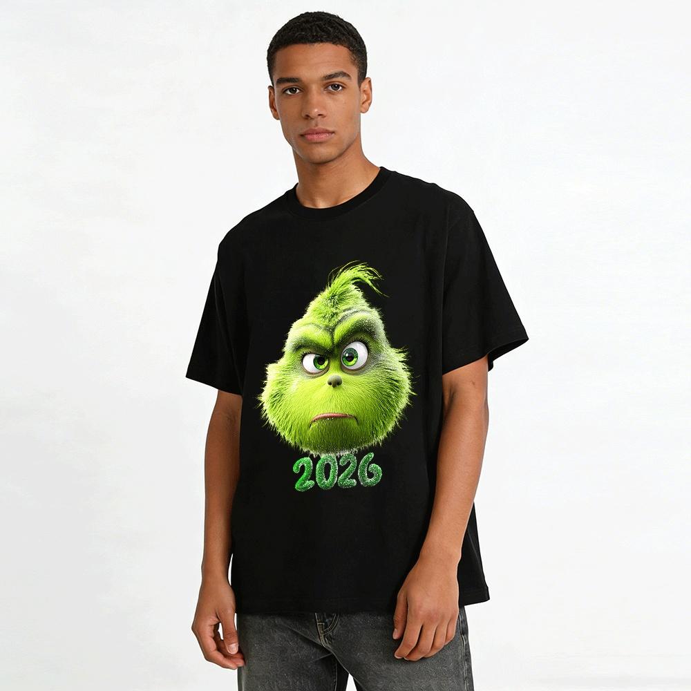 2026 Weihnachten Grinch Mürrischer Kopf Aufdruck Lässiges Oberteil Reines Baumwoll-T-Shirt
