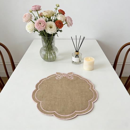 Placemat with Petal Shape And Bow Embroidery Table Mat Round Heat Insulation Non-Slip Oil Resistant Placemat for Dining Room