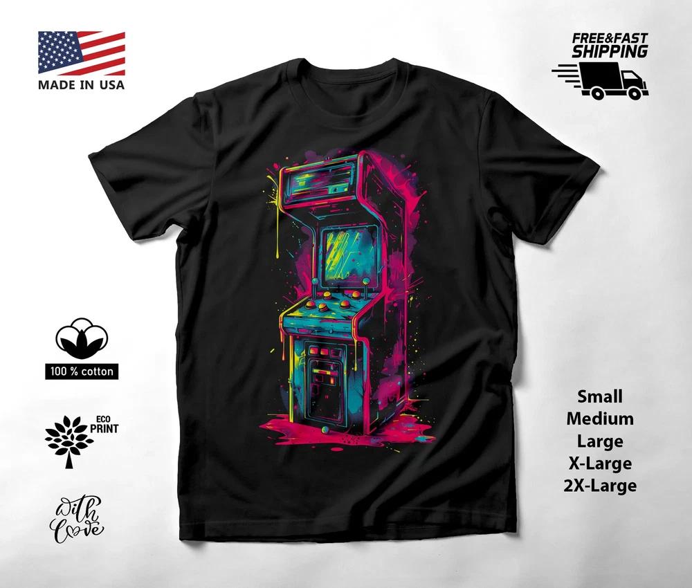 Retro Arcade Machine Neon Graphic T-Shirt Black Unisex S-2XL